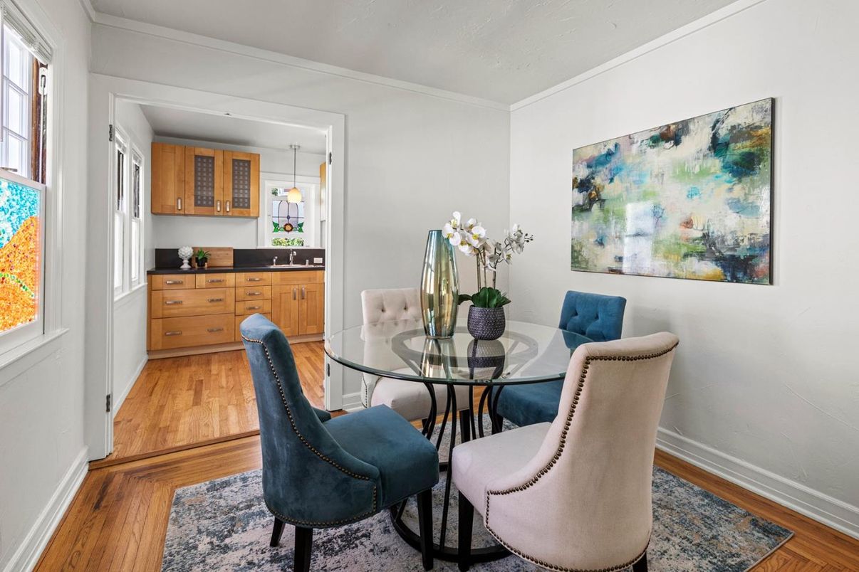 Dining room, Interior, Pendant Lights, Wood Texture Flooring