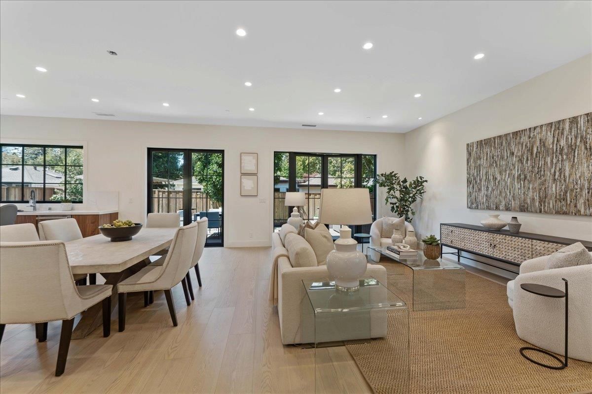 Dining room, Interior, Living room, Recessed Lighting, Wood Texture Flooring