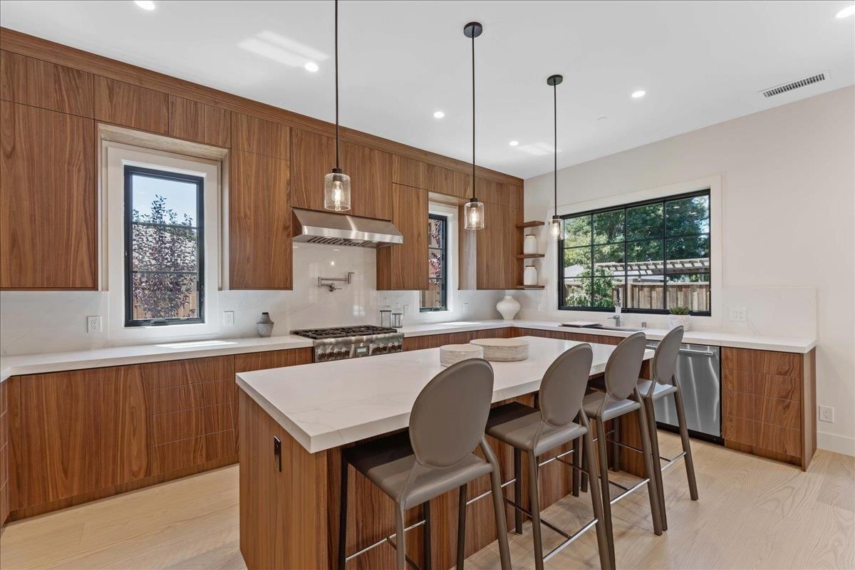 Interior, Kitchen, Pendant Lights, Recessed Lighting, Stainless Steel Appliances, Wood Texture Flooring