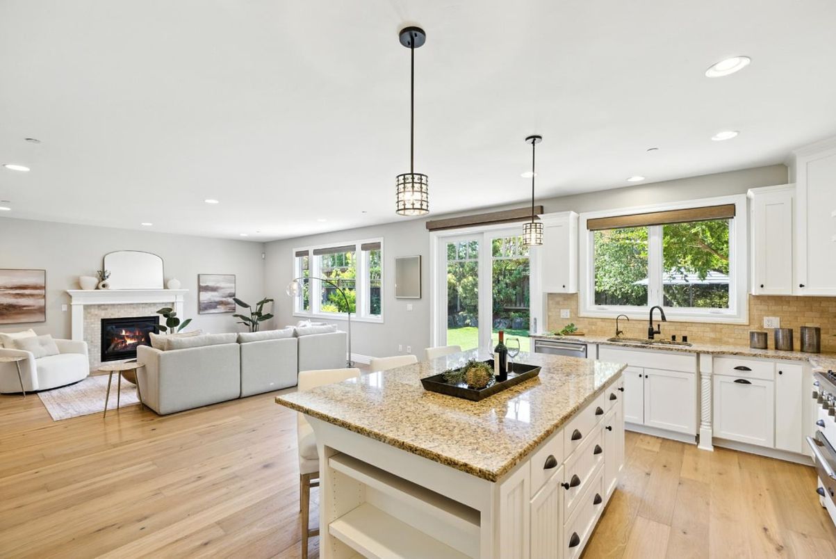 Fireplace, Interior, Kitchen, Living room, Pendant Lights, Recessed Lighting, Wood Texture Flooring