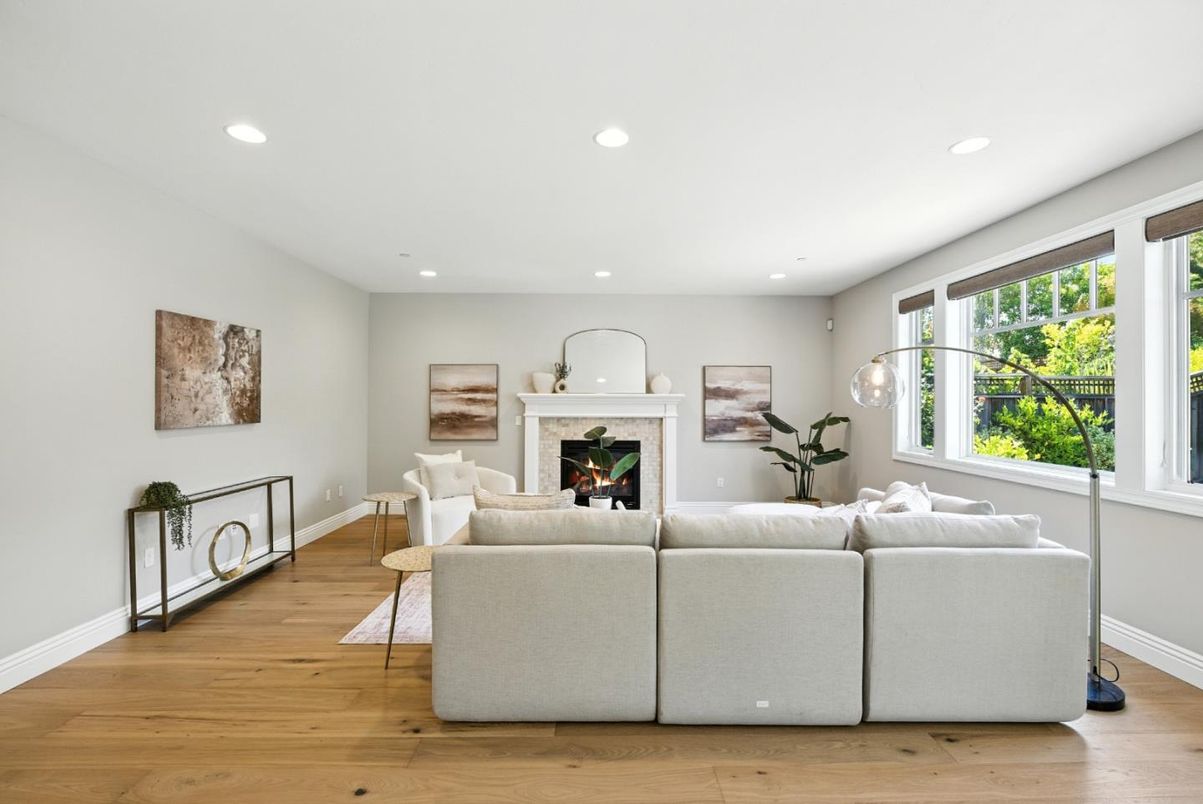 Fireplace, Interior, Living room, Recessed Lighting, Wood Texture Flooring