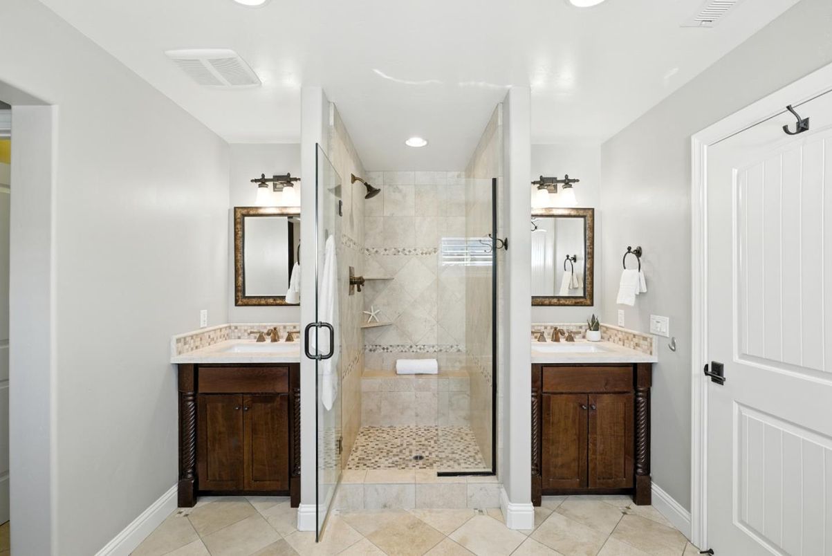 Bathroom, Dual Sink Vanities, Glass Shower, Interior, Recessed Lighting