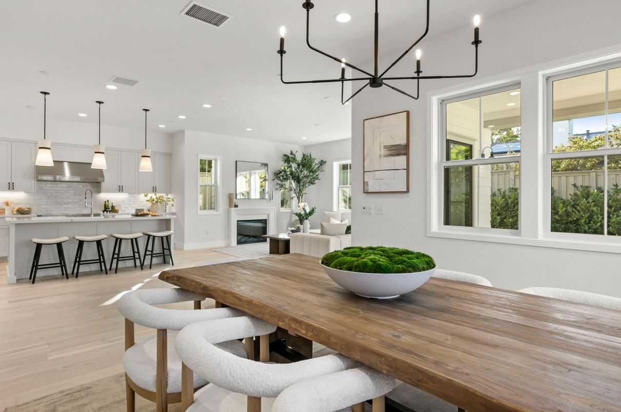 Dining room, Fireplace, Interior, Kitchen, Pendant Lights, Recessed Lighting, Wood Texture Flooring