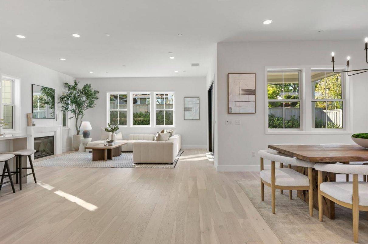 Dining room, Fireplace, Interior, Living room, Pendant Lights, Recessed Lighting, Wood Texture Flooring
