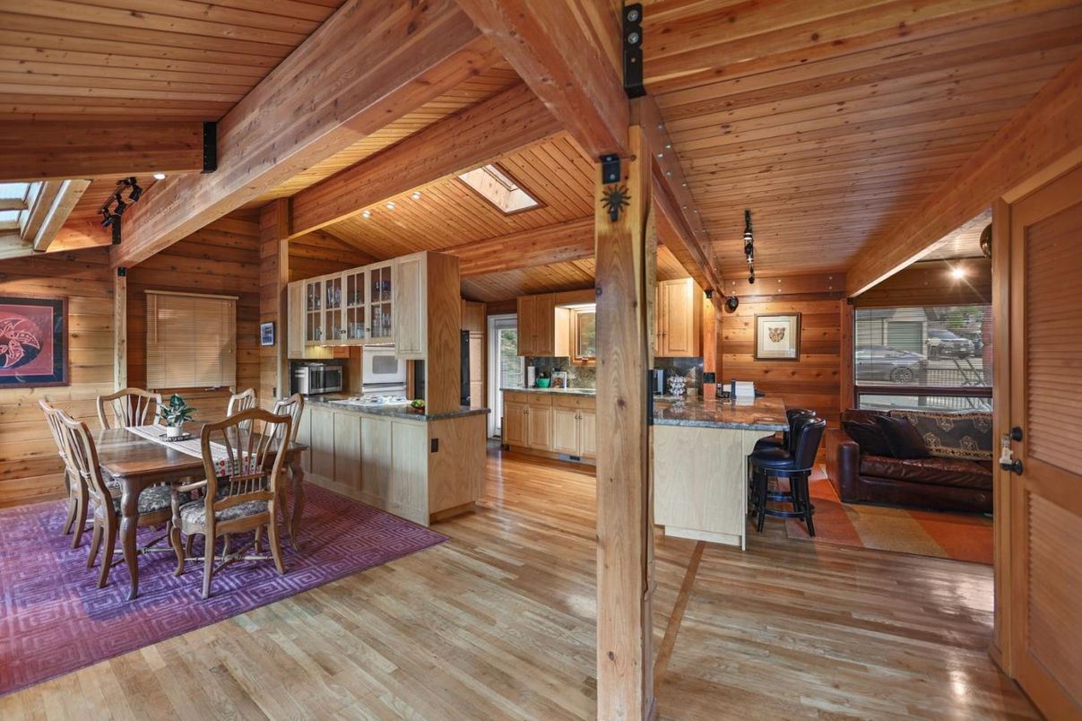 Dining room, Fireplace, Interior, Kitchen, Wooden Beams, Wooden Ceilings, Wood Texture Flooring, Wooden Walls