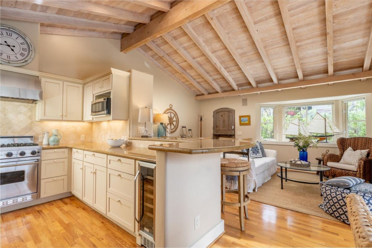 Interior, Kitchen, Living room, Stainless Steel Appliances, Wooden Beams, Wooden Ceilings, Wood Texture Flooring