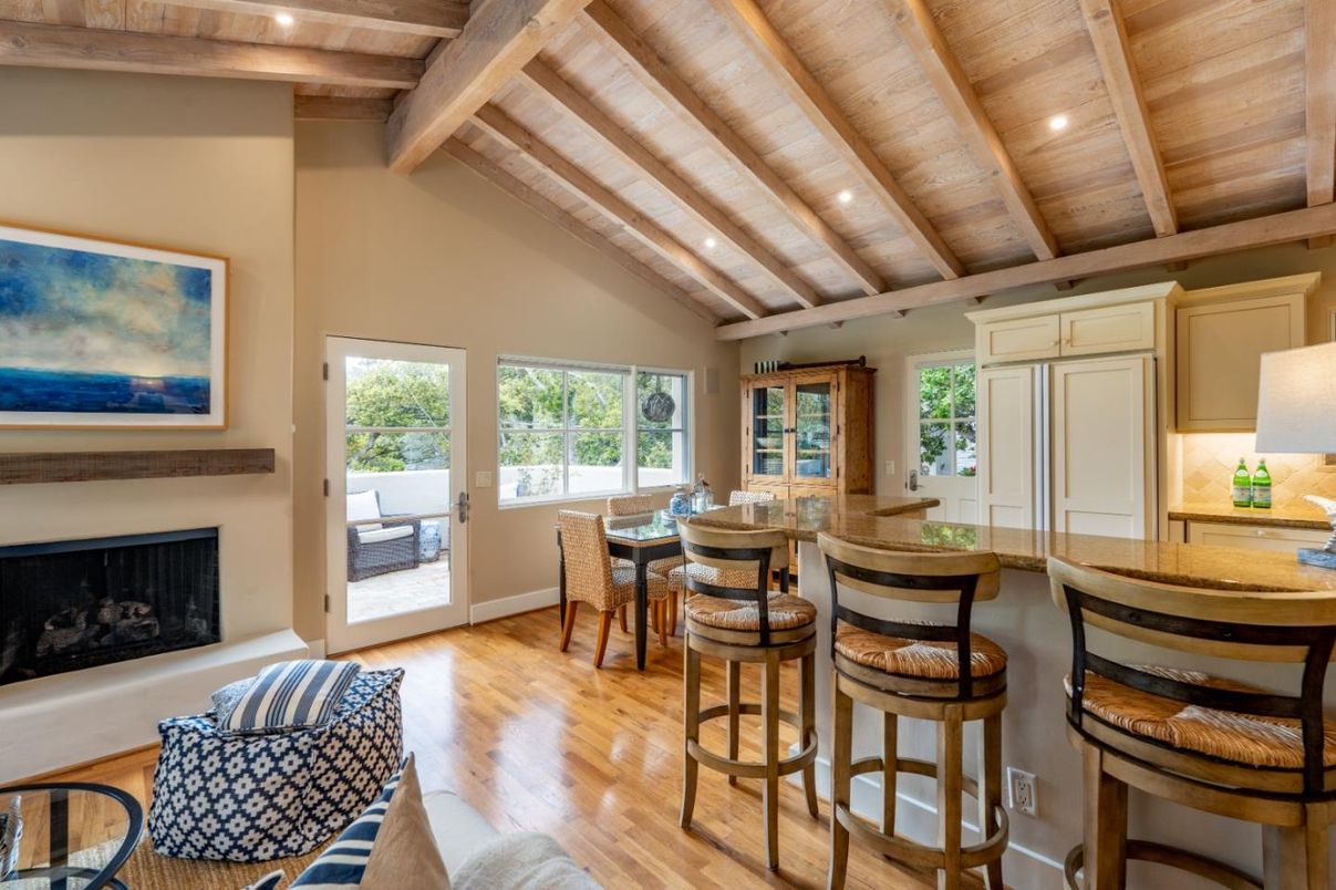 Dining room, Fireplace, Interior, Recessed Lighting, Wooden Beams, Wooden Ceilings, Wood Texture Flooring