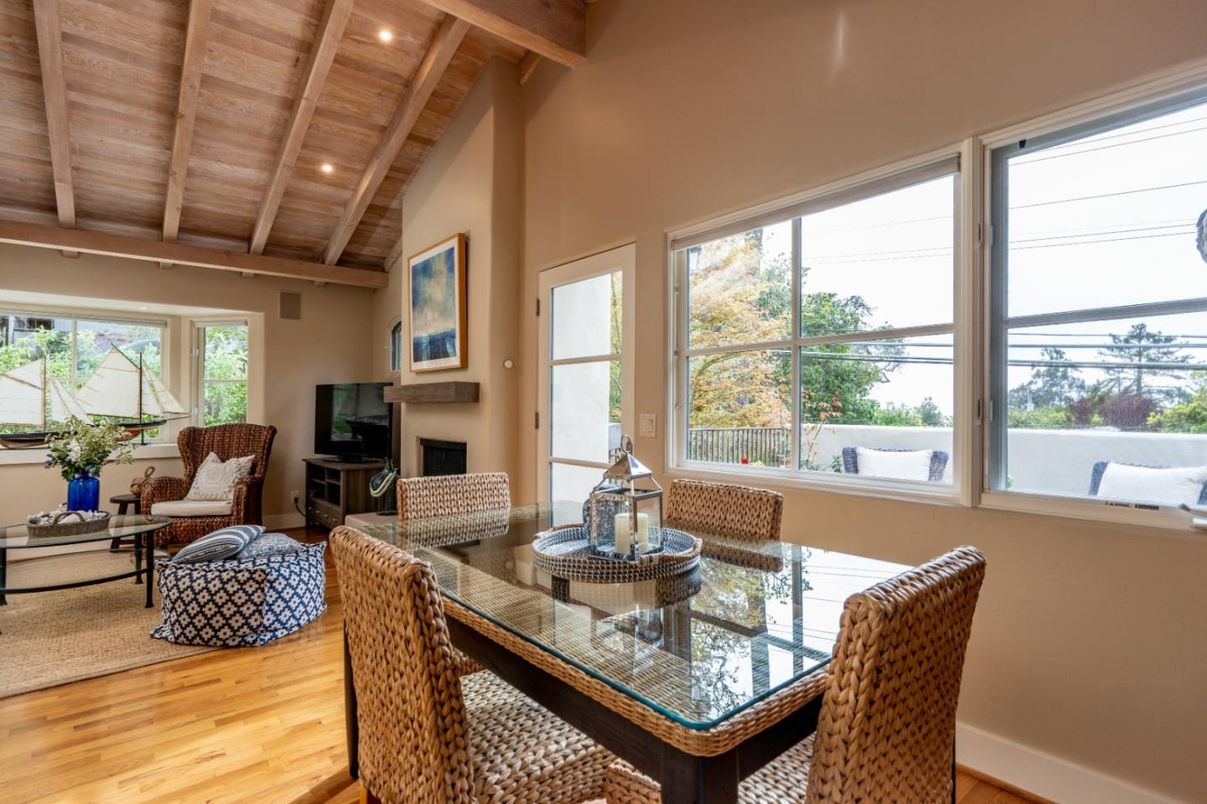 Dining room, Fireplace, Interior, Living room, Recessed Lighting, Wooden Beams, Wooden Ceilings, Wood Texture Flooring