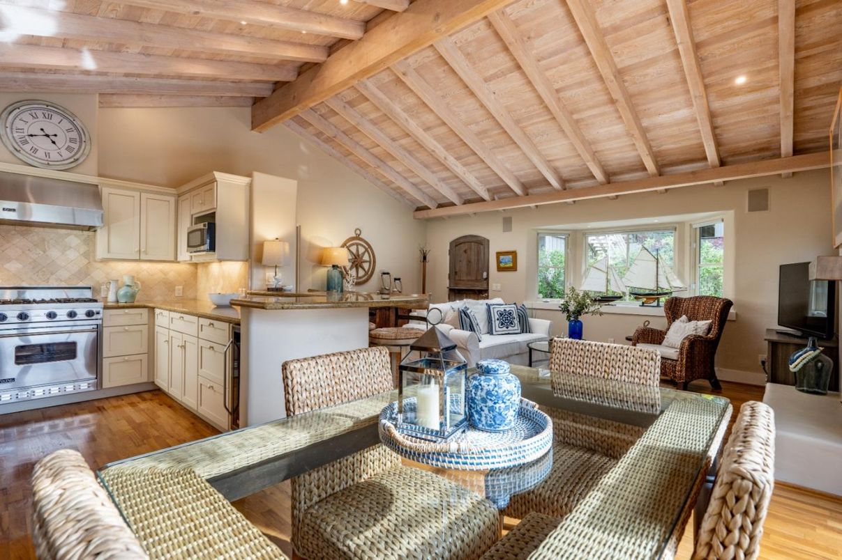 Interior, Kitchen, Living room, Recessed Lighting, Stainless Steel Appliances, Wooden Beams, Wooden Ceilings, Wood Texture Flooring