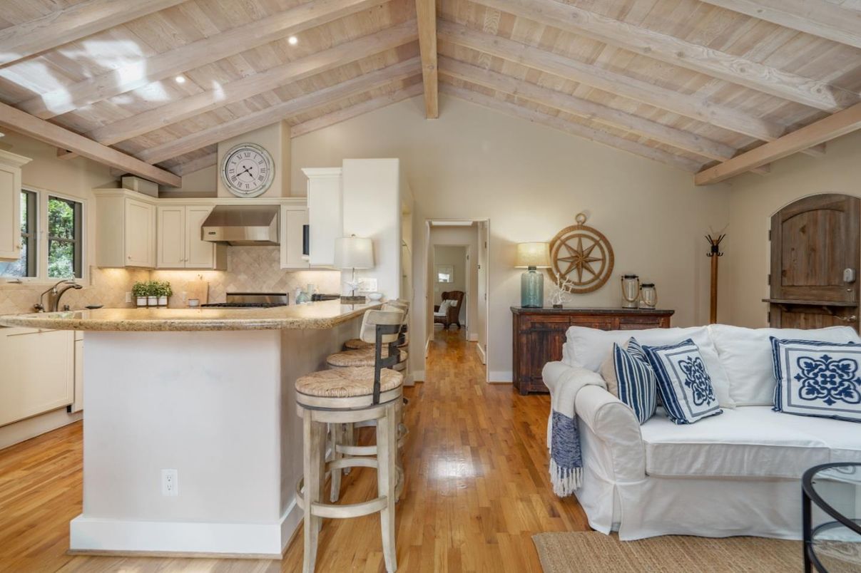 Interior, Kitchen, Living room, Recessed Lighting, Stainless Steel Appliances, Wooden Beams, Wooden Ceilings, Wood Texture Flooring