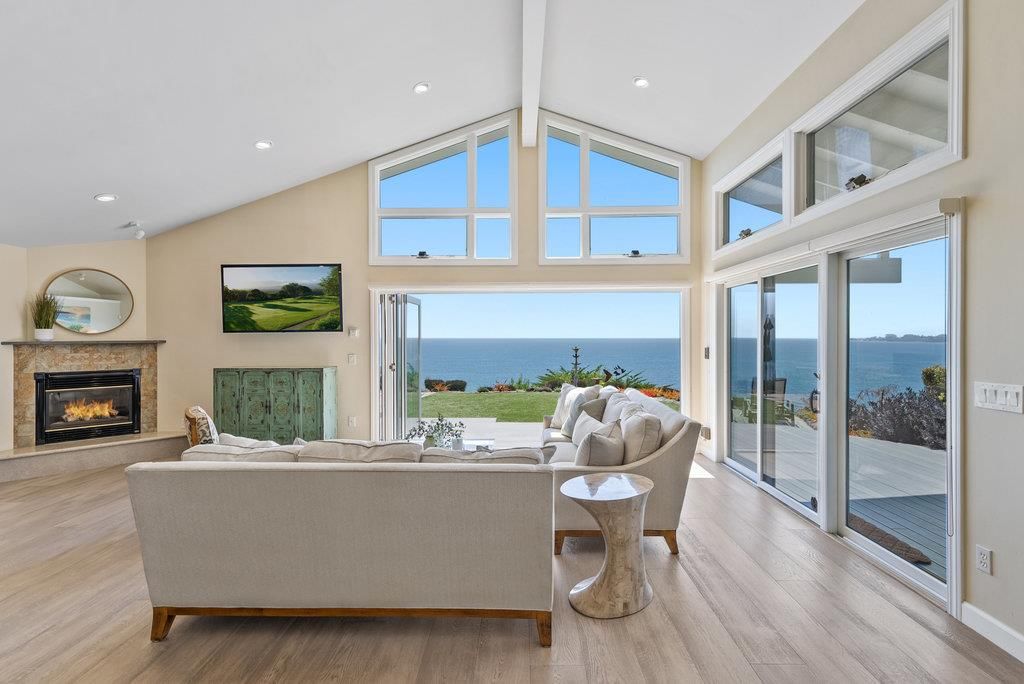 Fireplace, Interior, Living room, Recessed Lighting, Water, Wood Texture Flooring