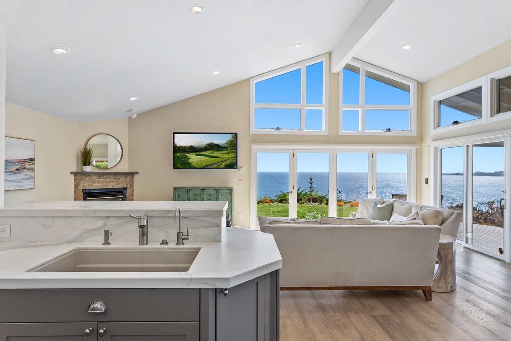 Fireplace, Interior, Living room, Recessed Lighting, Water, Wood Texture Flooring