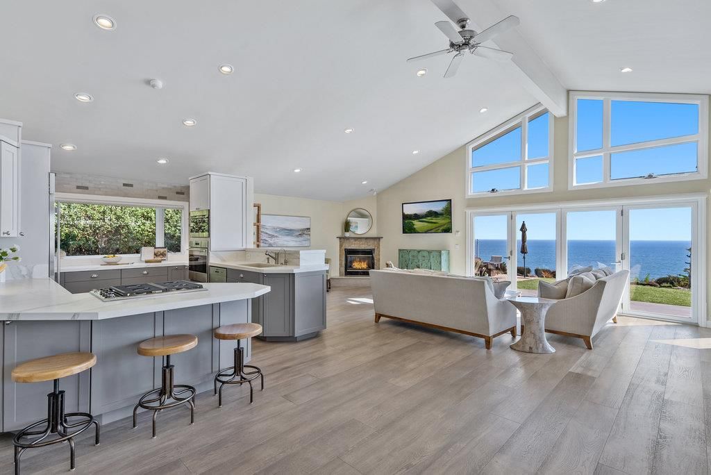 Fireplace, Interior, Living room, Recessed Lighting, Water, Wood Texture Flooring