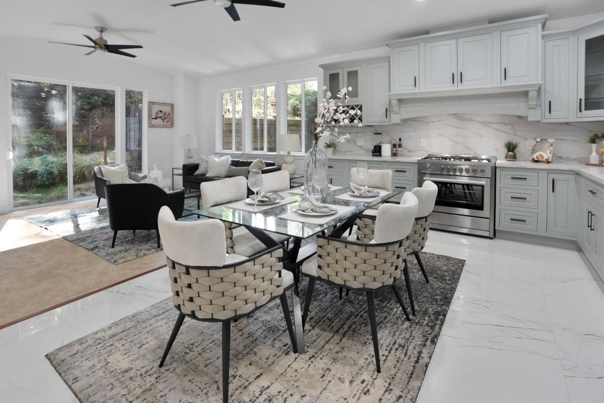 Dining room, Interior, Kitchen, Living room, Marble, Recessed Lighting, Stainless Steel Appliances