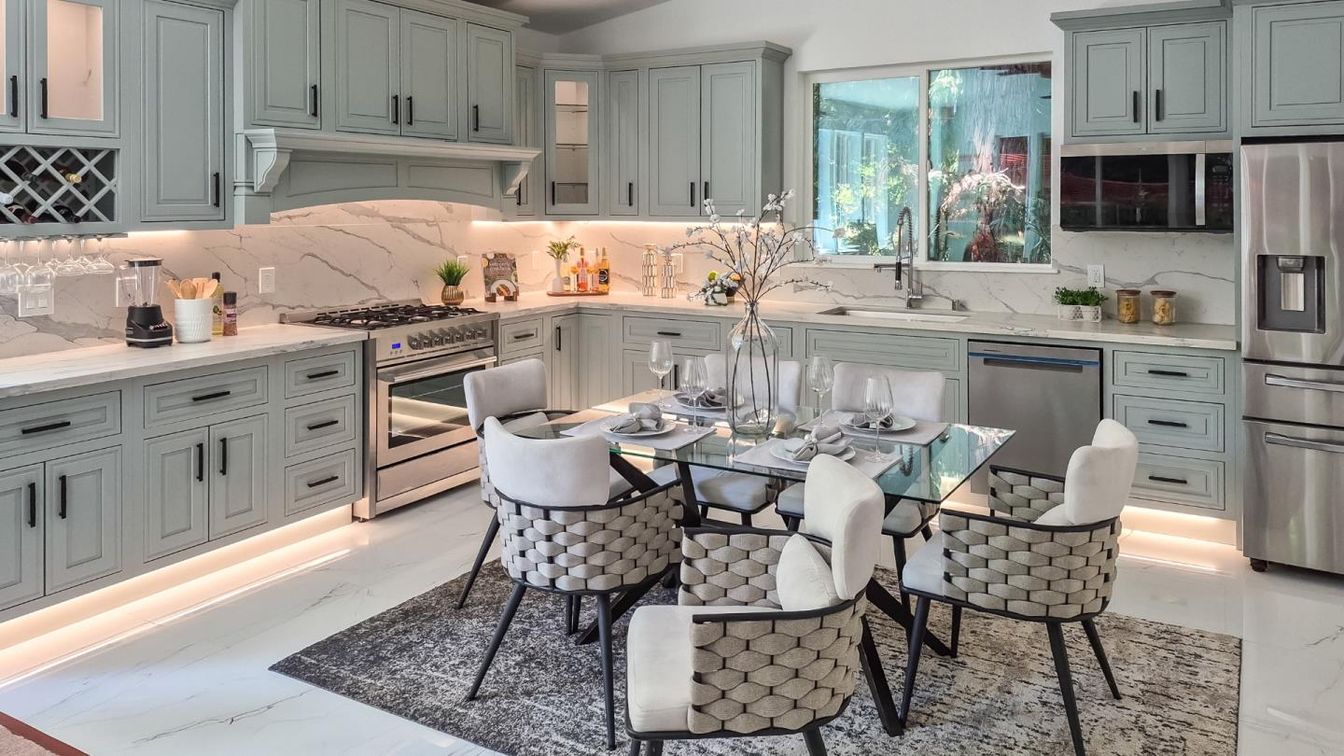 Dining room, Interior, Kitchen, Marble, Marble Walls, Recessed Lighting, Stainless Steel Appliances