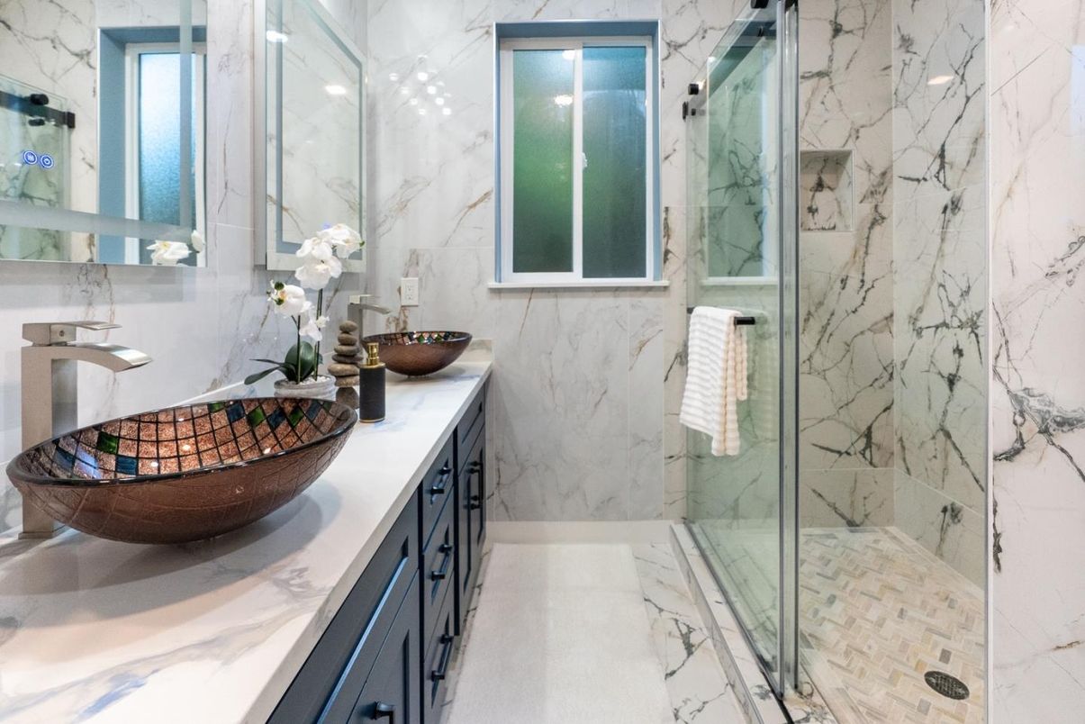 Bathroom, Dual Sink Vanities, Glass Shower, Interior, Marble, Marble Walls, Recessed Lighting