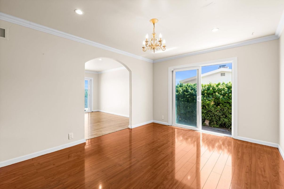Chandelier, Empty room, Interior, Recessed Lighting, Wood Texture Flooring