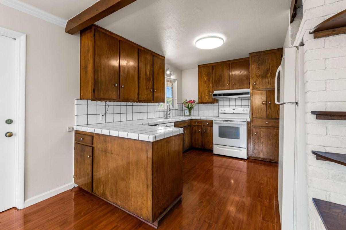 Interior, Kitchen, Tile Countertops, Wood Texture Flooring