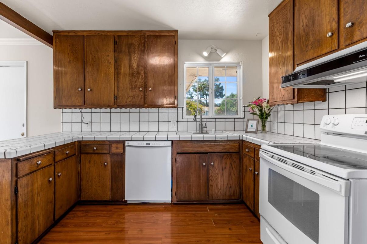 Interior, Kitchen, Tile Countertops, Wood Texture Flooring