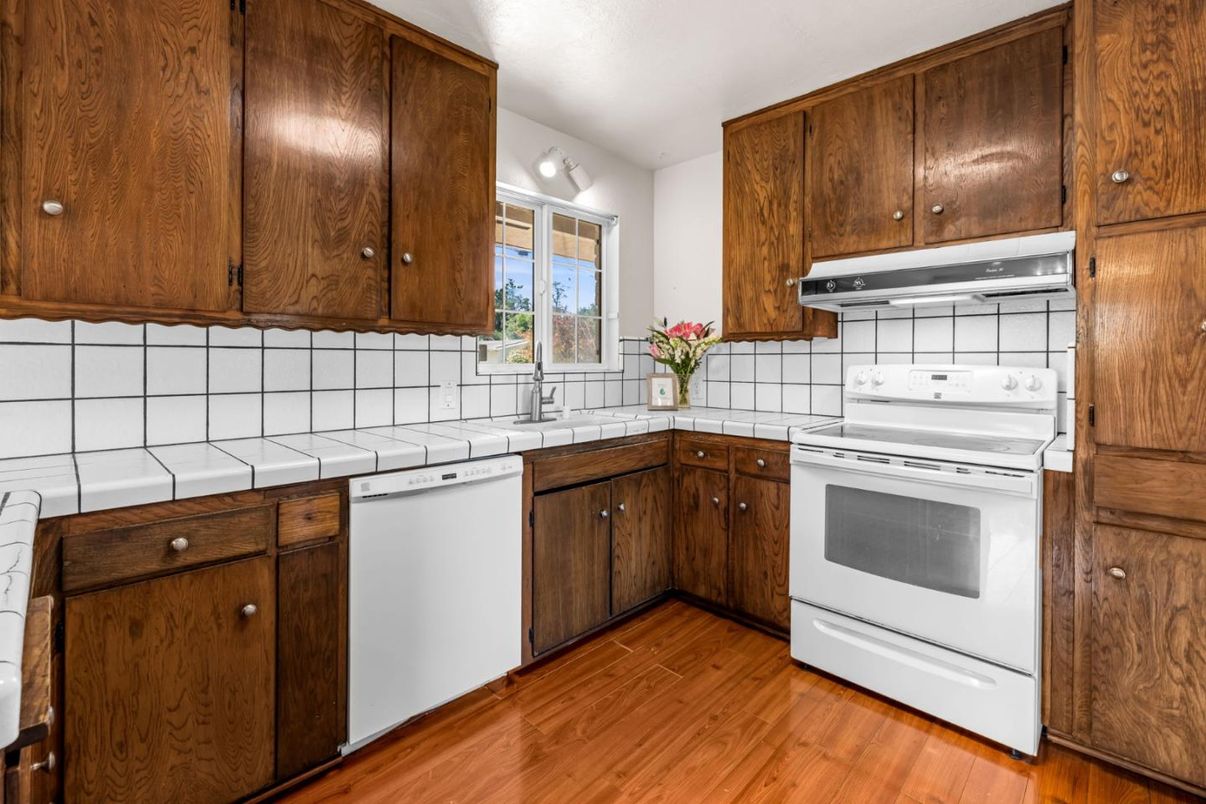 Interior, Kitchen, Tile Countertops, Wood Texture Flooring