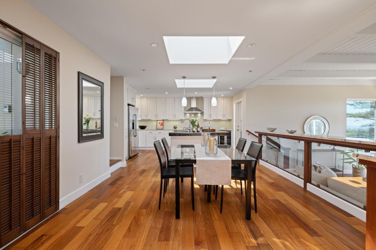 Dining room, Interior, Kitchen, Recessed Lighting, Stainless Steel Appliances, Wood Texture Flooring
