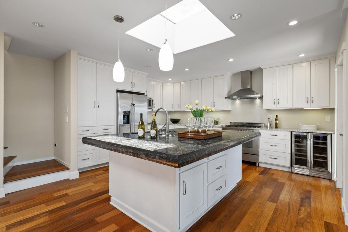 Interior, Kitchen, Pendant Lights, Recessed Lighting, Stainless Steel Appliances, Wood Texture Flooring