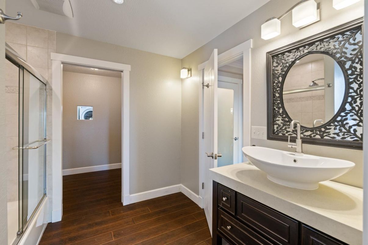 Bathroom, Glass Shower, Interior, Recessed Lighting, Wood Texture Flooring