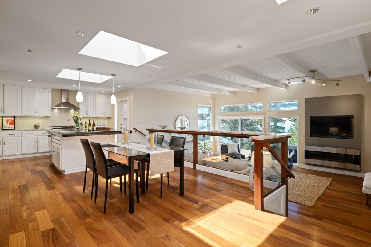 Dining room, Fireplace, Interior, Kitchen, Living room, Pendant Lights, Recessed Lighting, Stainless Steel Appliances, Wood Texture Flooring