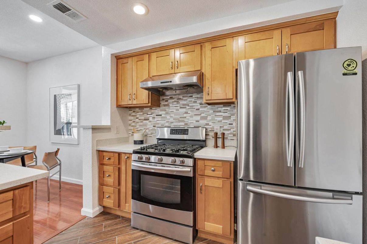 Interior, Kitchen, Recessed Lighting, Stainless Steel Appliances, Wood Texture Flooring