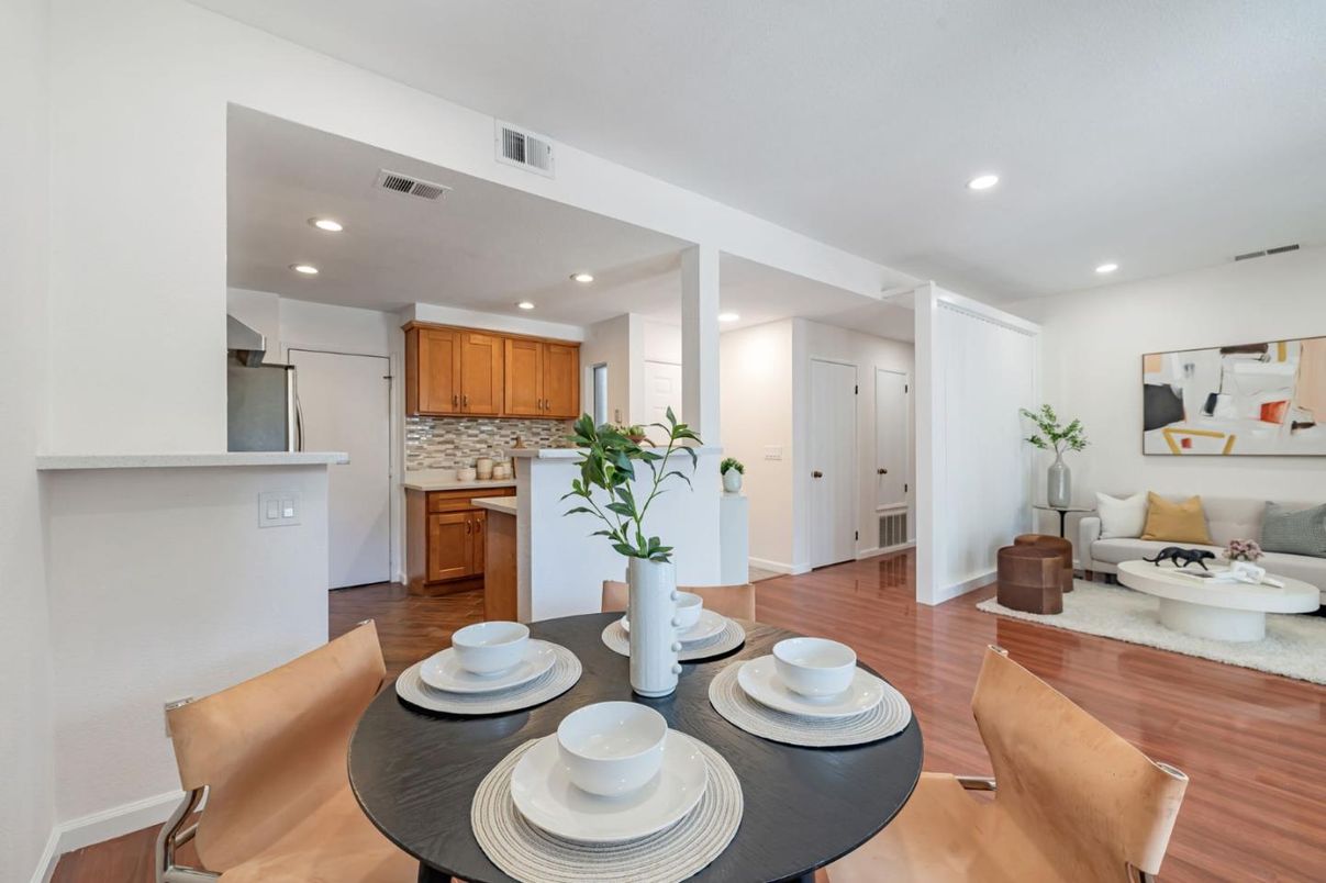Dining room, Interior, Kitchen, Living room, Recessed Lighting, Wood Texture Flooring