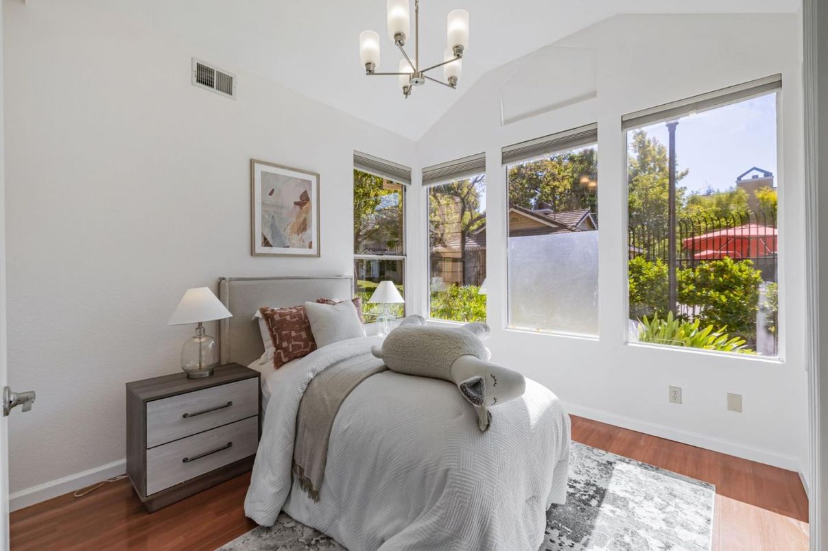Bedroom, Chandelier, Interior, Wood Texture Flooring