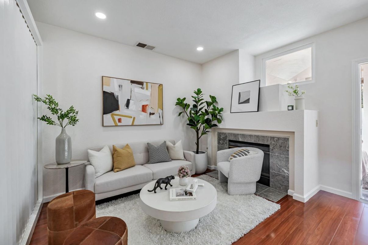 Fireplace, Interior, Living room, Recessed Lighting, Wood Texture Flooring