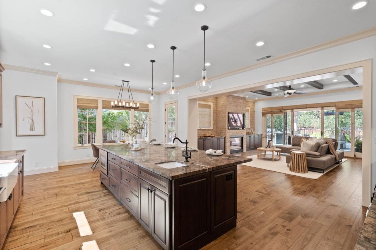 Fireplace, Interior, Kitchen, Living room, Pendant Lights, Recessed Lighting, Stone Walls, Wood Texture Flooring