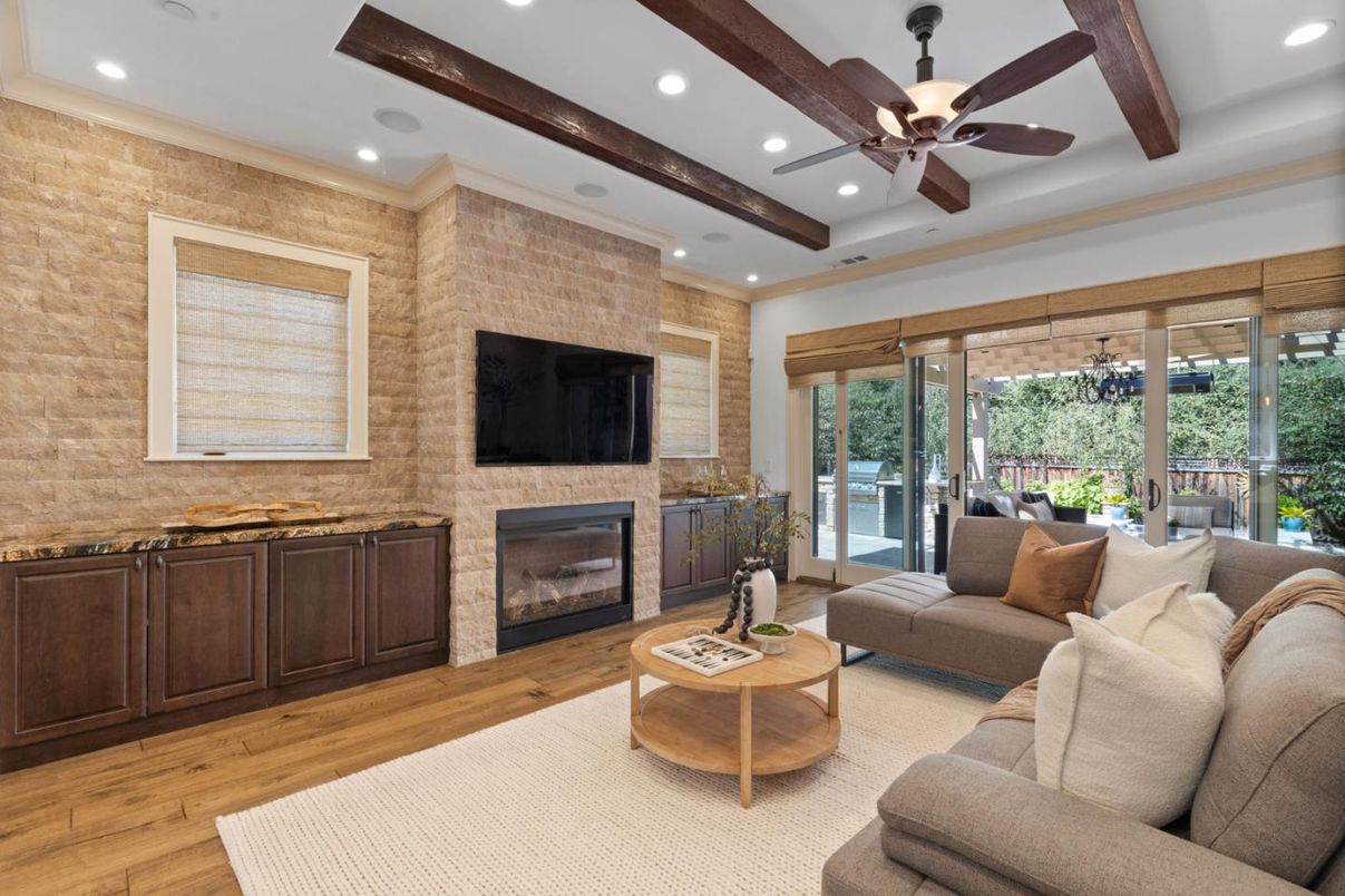 Fireplace, Interior, Living room, Recessed Lighting, Stone Walls, Wooden Beams, Wood Texture Flooring