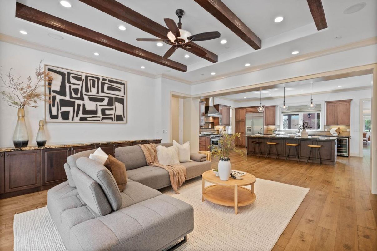 Interior, Kitchen, Living room, Pendant Lights, Recessed Lighting, Stainless Steel Appliances, Wooden Beams, Wood Texture Flooring