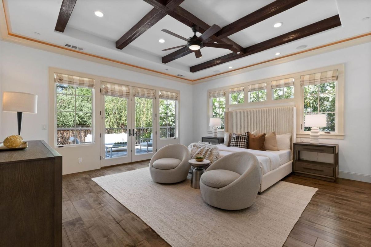 Bedroom, Interior, Recessed Lighting, Wooden Beams, Wood Texture Flooring