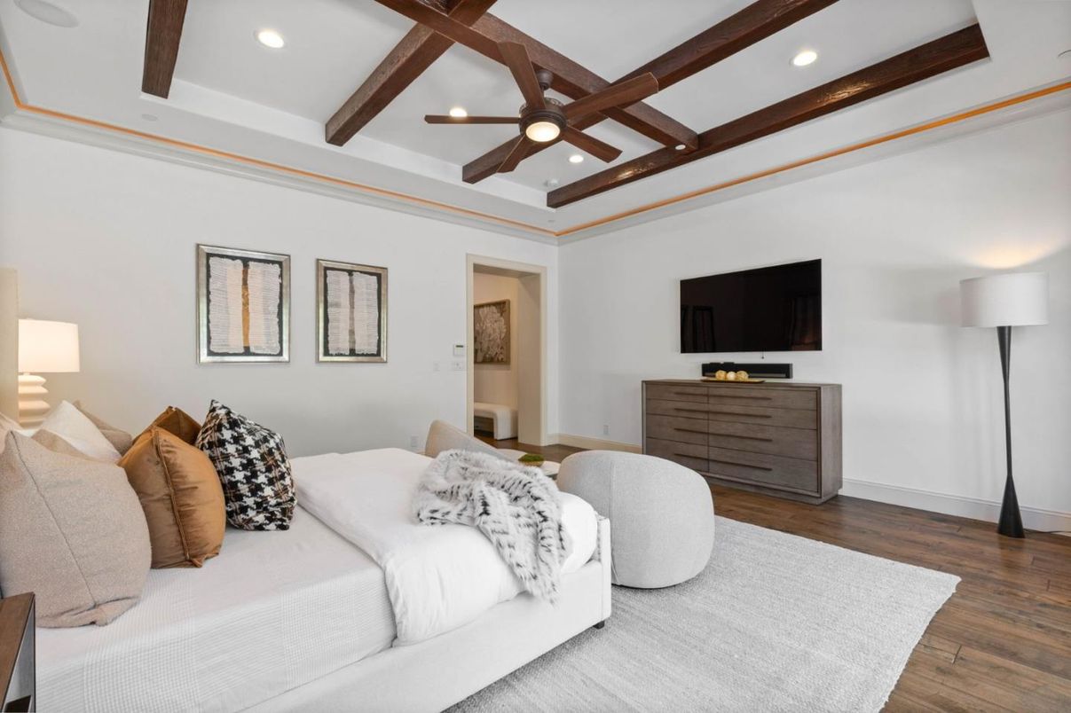 Bedroom, Interior, Recessed Lighting, Wooden Beams, Wood Texture Flooring