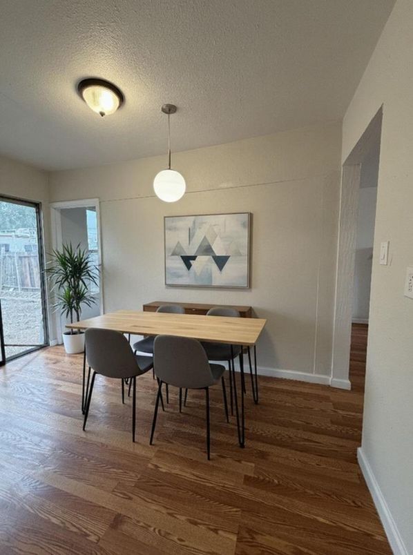 Dining room, Interior, Pendant Lights, Wood Texture Flooring