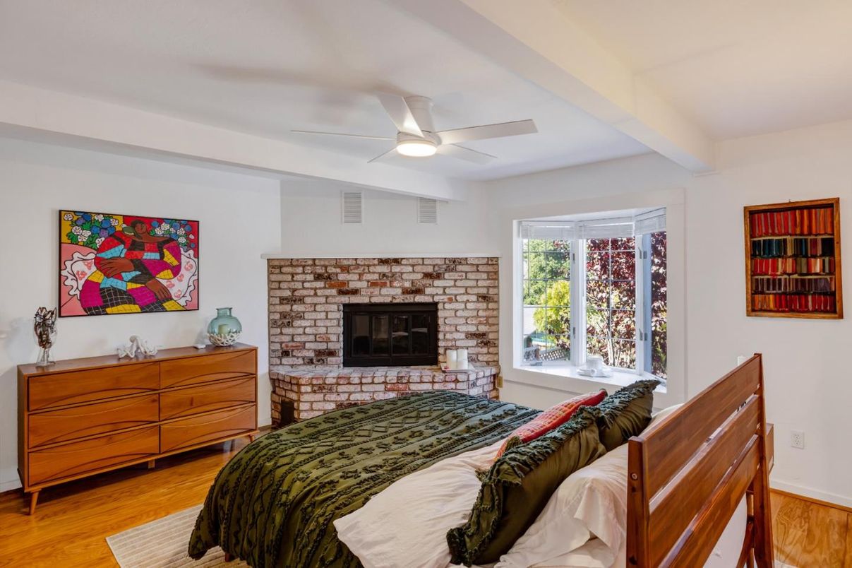 Bedroom, Fireplace, Interior, Wood Texture Flooring