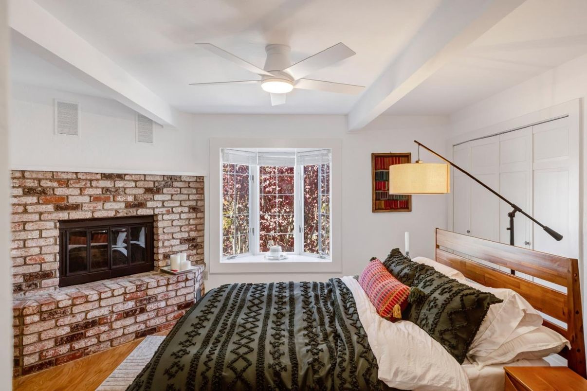 Bedroom, Fireplace, Interior, Stone Walls, Wood Texture Flooring