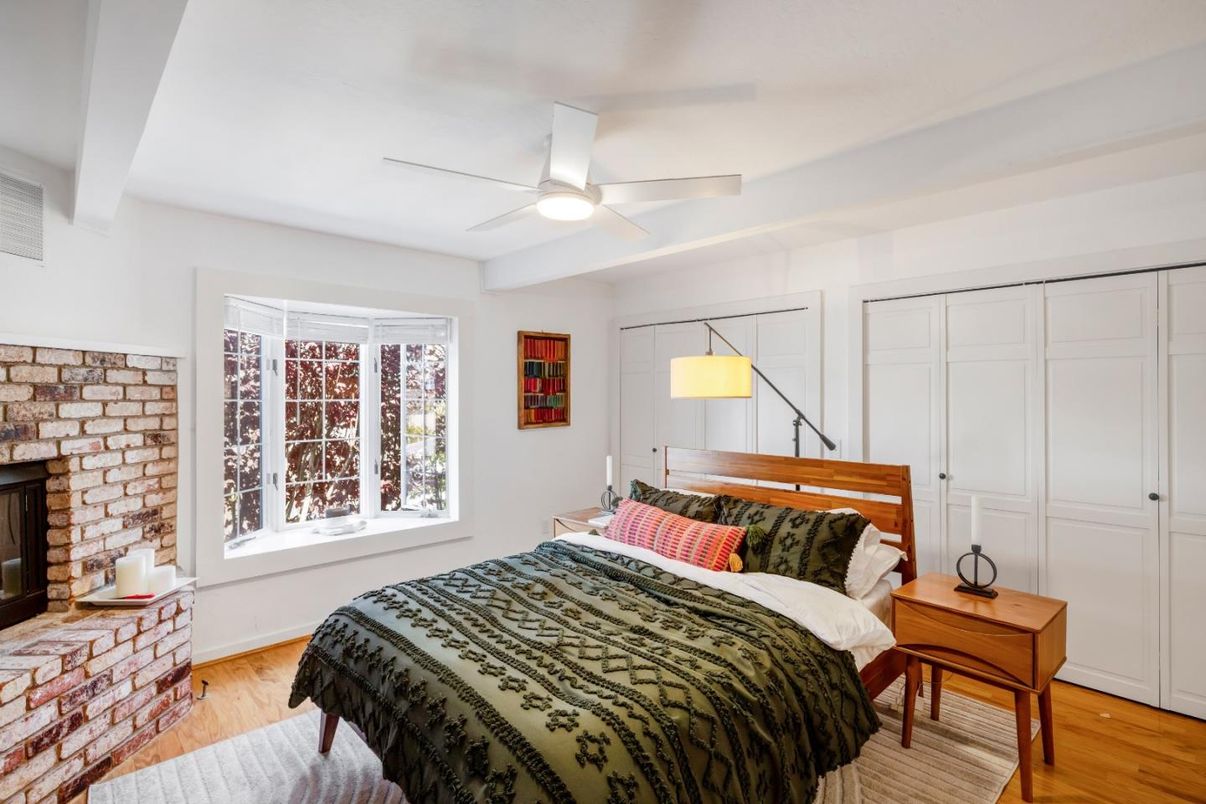 Bedroom, Fireplace, Interior, Stone Walls, Wood Texture Flooring