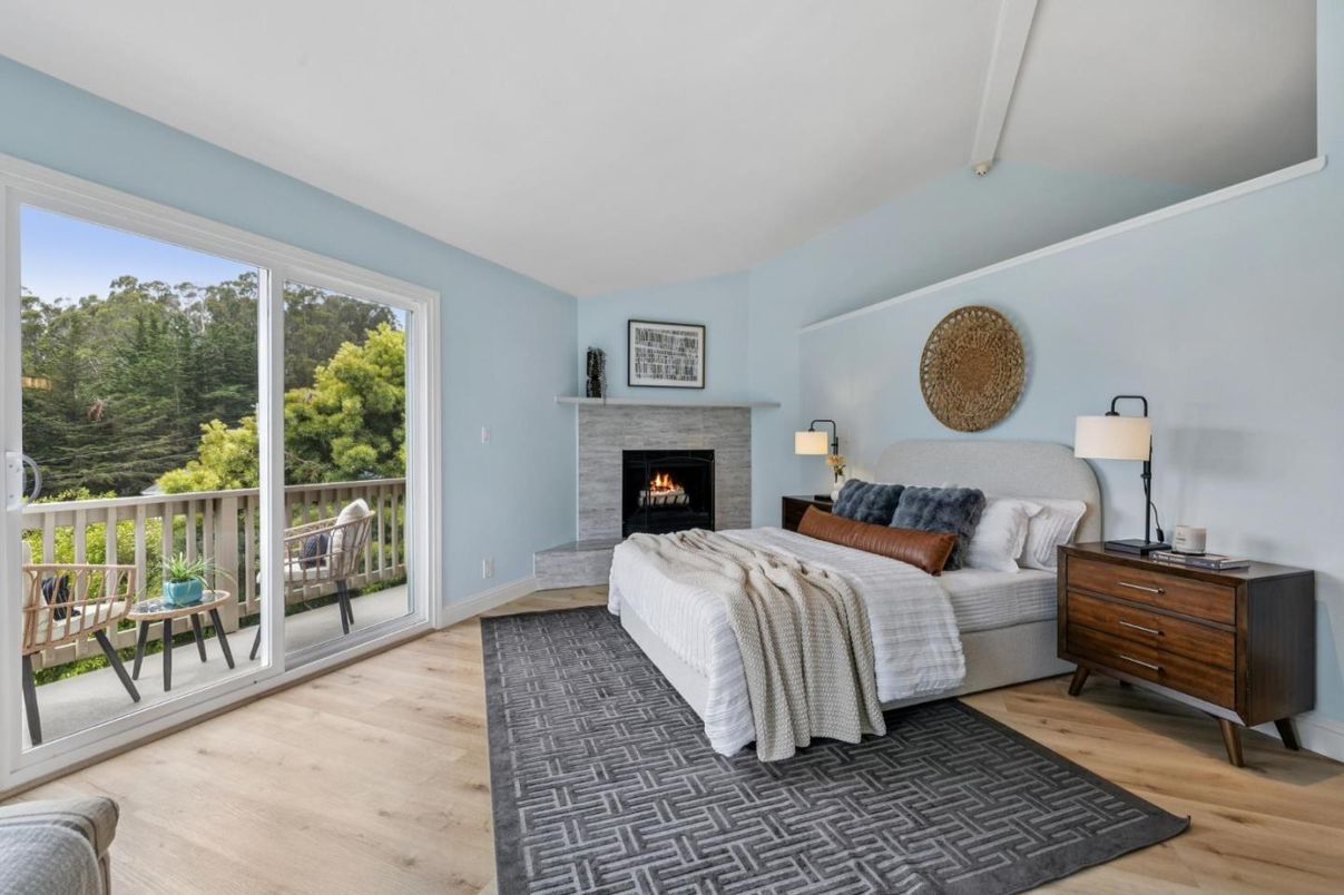 Bedroom, Fireplace, Interior, Wood Texture Flooring