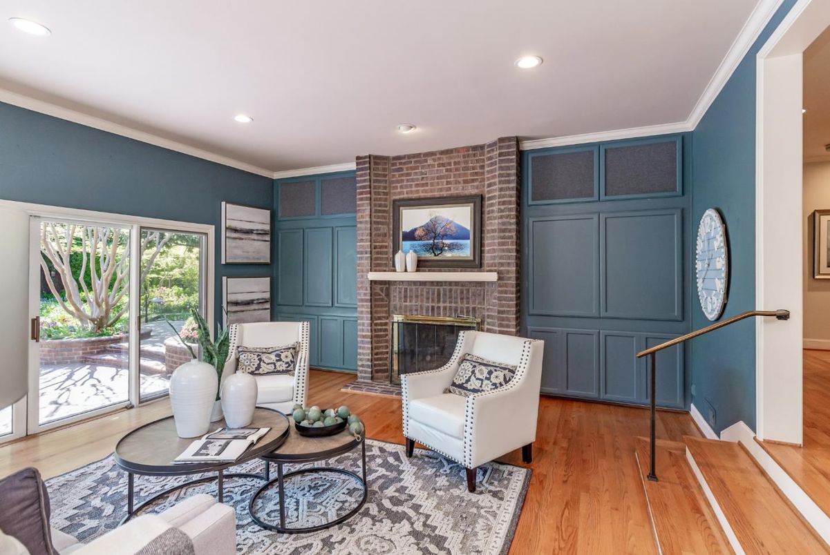 Fireplace, Interior, Living room, Recessed Lighting, Stone Walls, Wood Texture Flooring