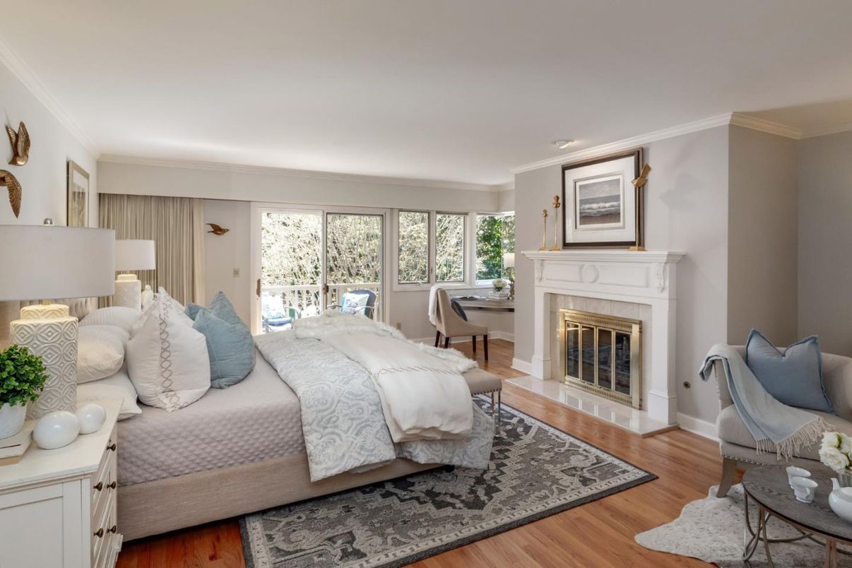 Bedroom, Fireplace, Interior, Wood Texture Flooring
