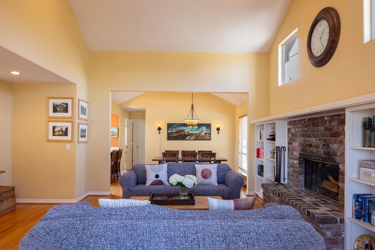 Dining room, Fireplace, Interior, Living room, Pendant Lights, Recessed Lighting, Stone Walls, Wood Texture Flooring
