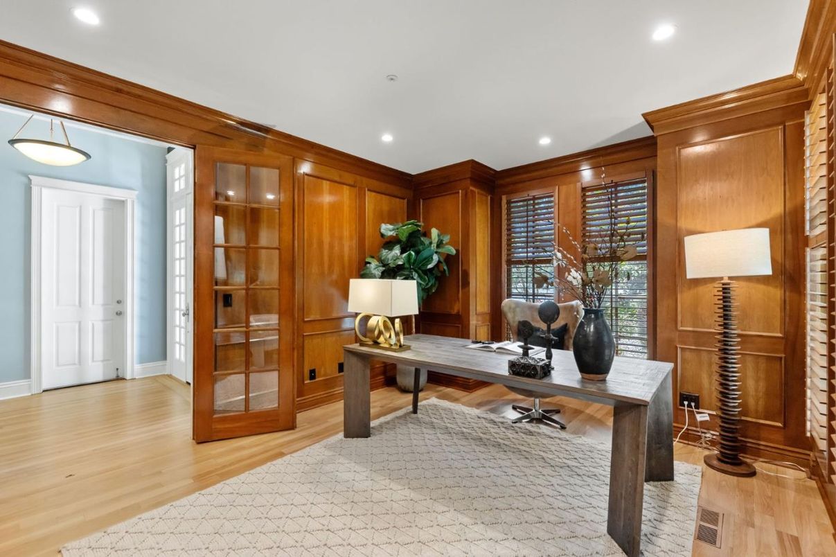 Home Office, Interior, Recessed Lighting, Wood Texture Flooring, Wooden Walls