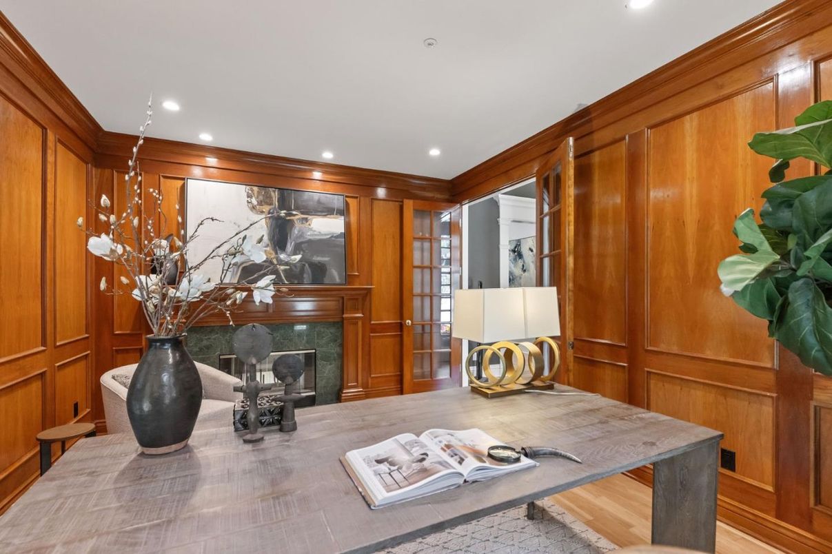 Fireplace, Home Office, Interior, Recessed Lighting, Wooden Walls