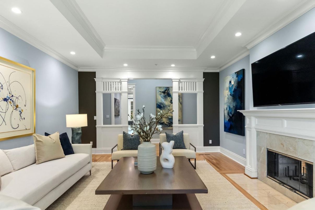 Fireplace, Interior, Living room, Recessed Lighting, Wood Texture Flooring