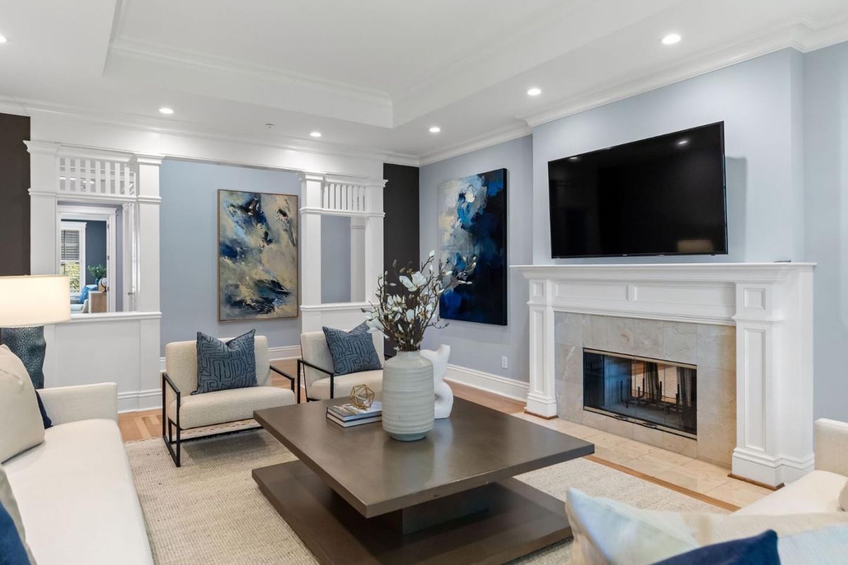 Fireplace, Interior, Living room, Recessed Lighting, Wood Texture Flooring