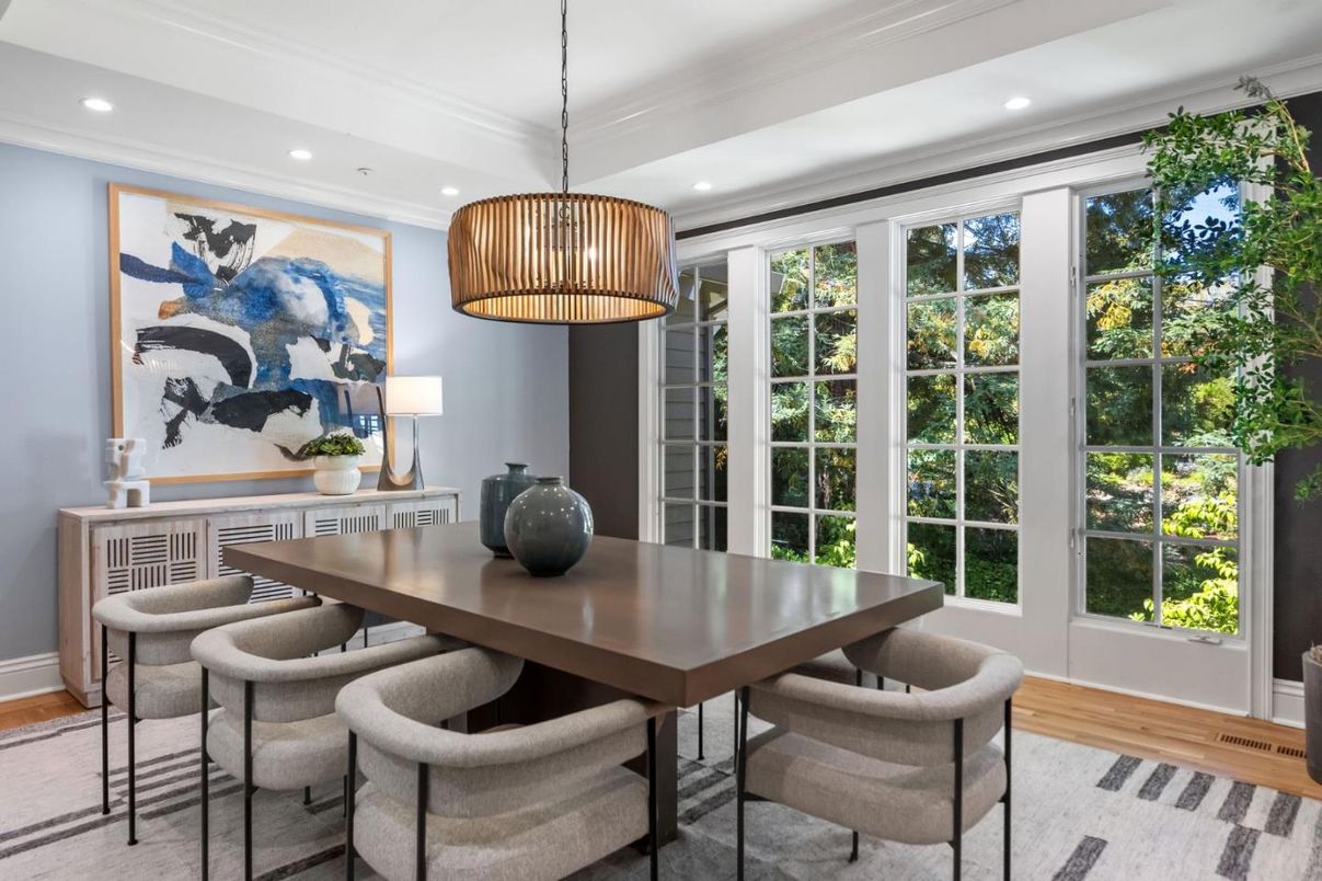 Dining room, Interior, Pendant Lights, Recessed Lighting, Wood Texture Flooring